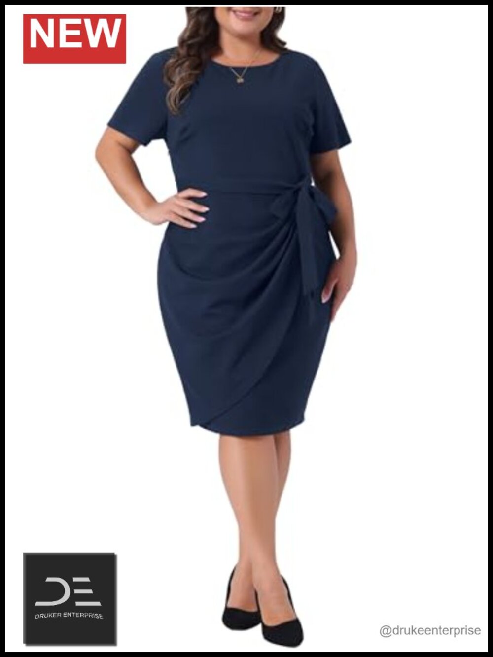 Plus Size Belted Tie Pencil Dress Knee Length Bodycon Wear to Work Office